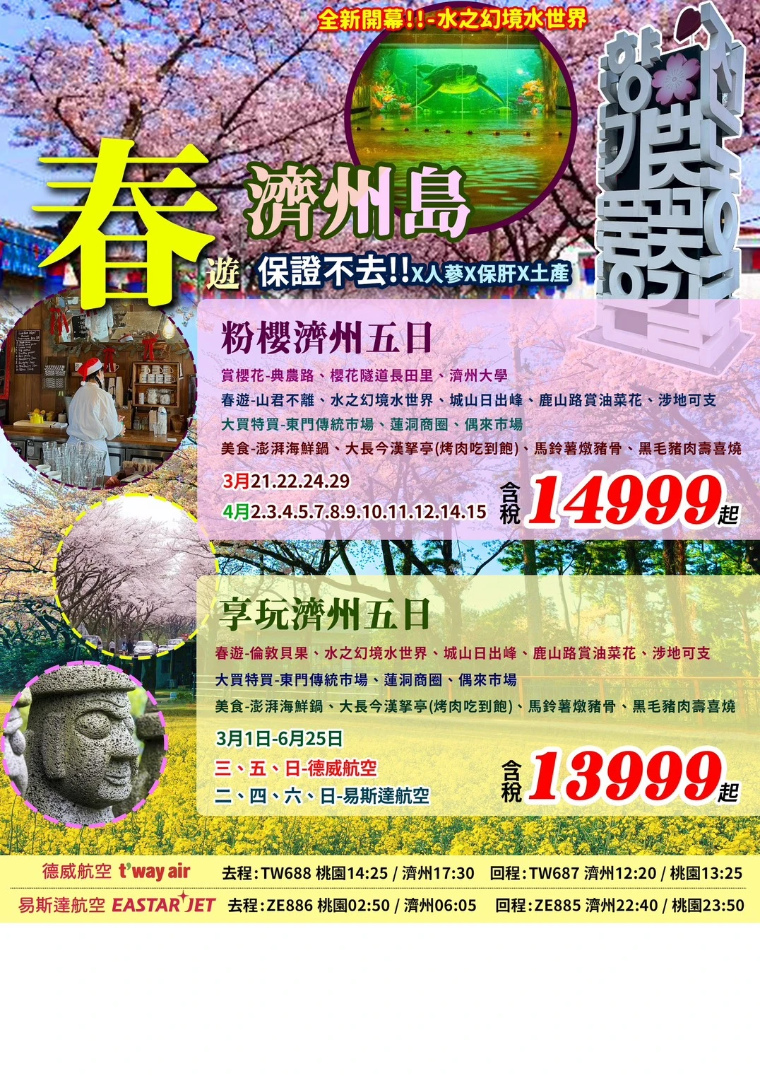 櫻花隧道、海水溫泉汗蒸幕、跆拳武藝秀、騎駱駝體驗、水之幻境水世界、可口可樂咖啡廳、E-MART超市、澎派海鮮鍋&烤肉吃到飽